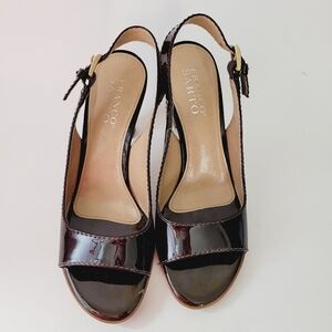 Franco Sarto Espresso Brown Patent Leather Sling Back‎ Peep Toe Heels